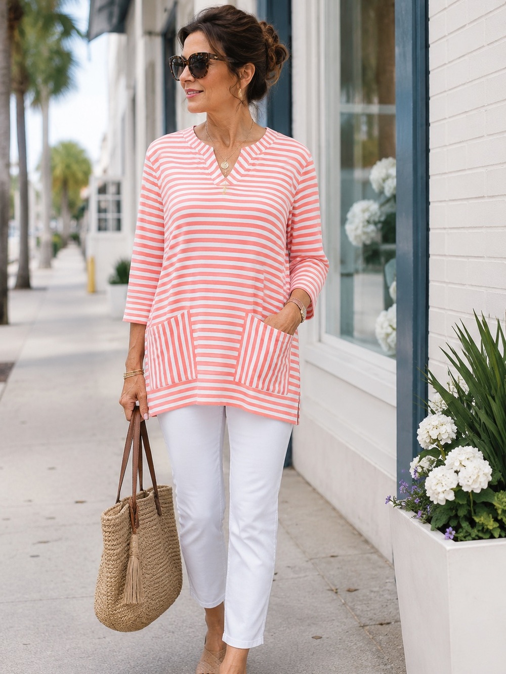 TALBOTS Women's Coral & White Striped Casual Tunic Top 1X